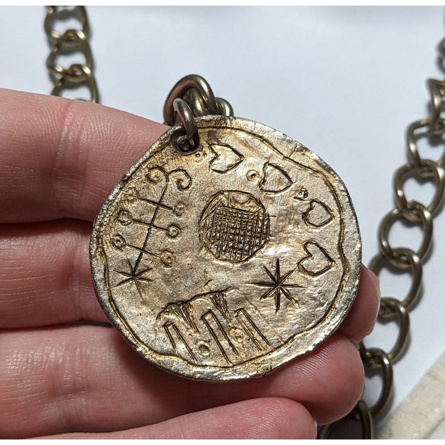 Artisan Engraved Brutalist Gold Medallion Necklace