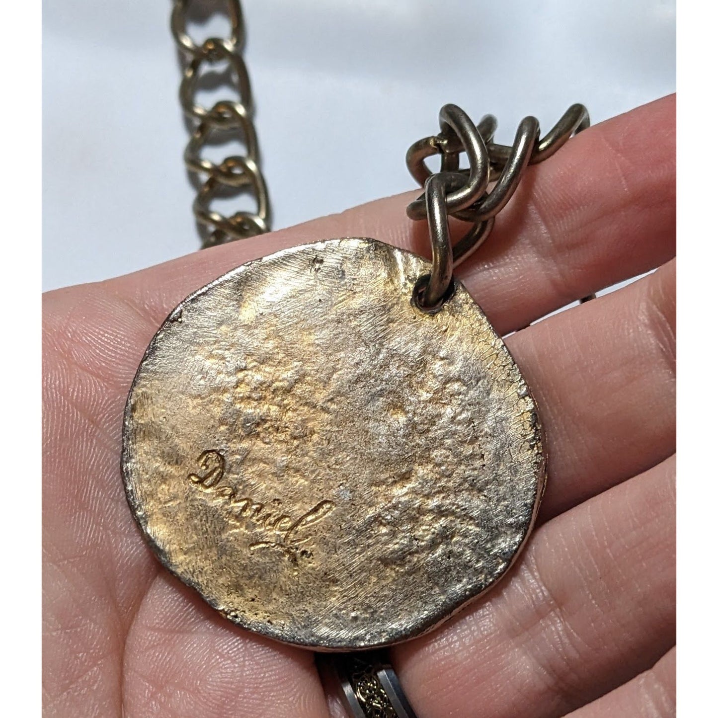 Artisan Engraved Brutalist Gold Medallion Necklace