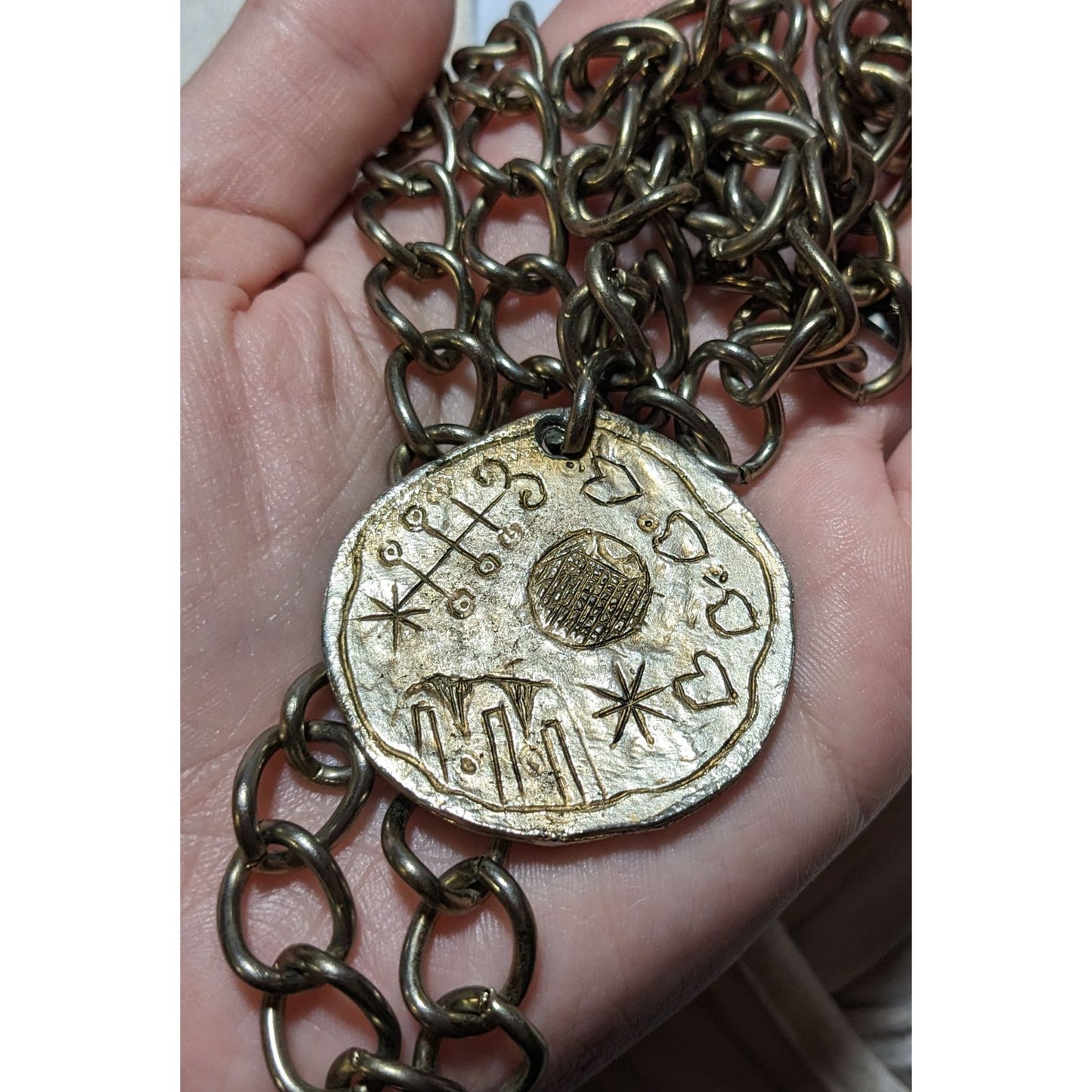 Artisan Engraved Brutalist Gold Medallion Necklace