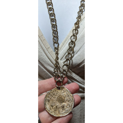 Artisan Engraved Brutalist Gold Medallion Necklace