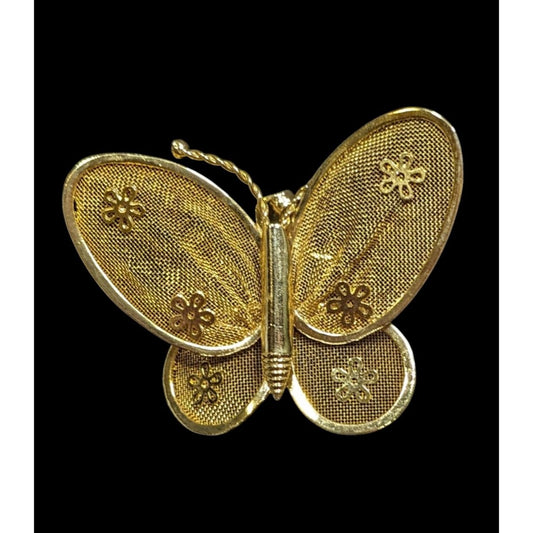 Vintage Fairycore Glam Mesh Butterfly Brooch/Pendant Gold Tone With Floral Accents