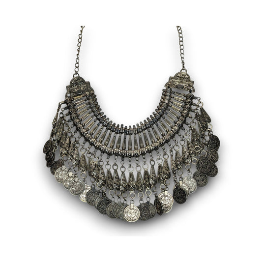 Vintage Boho Tribal Silver Tone Coin Fringe Bib Necklace 14 Inch