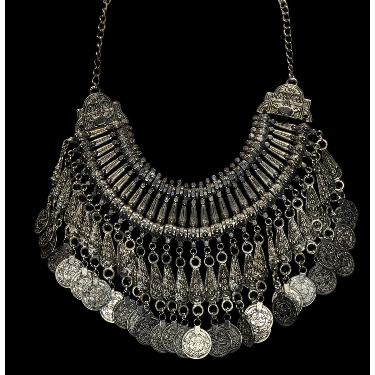 Vintage Boho Tribal Silver Tone Coin Fringe Bib Necklace 14 Inch