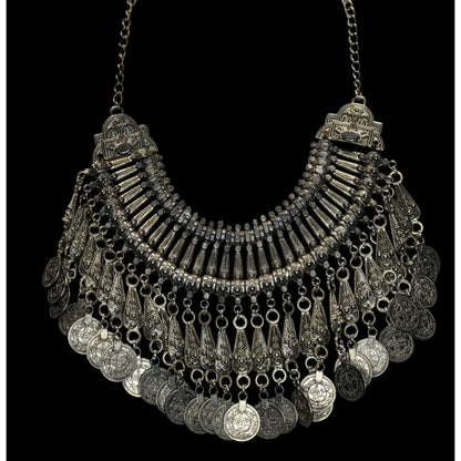 Vintage Boho Tribal Silver Tone Coin Fringe Bib Necklace 14 Inch