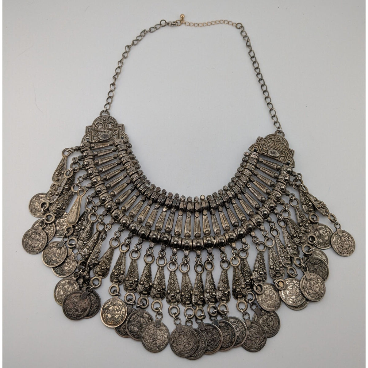 Vintage Boho Tribal Silver Tone Coin Fringe Bib Necklace 14 Inch