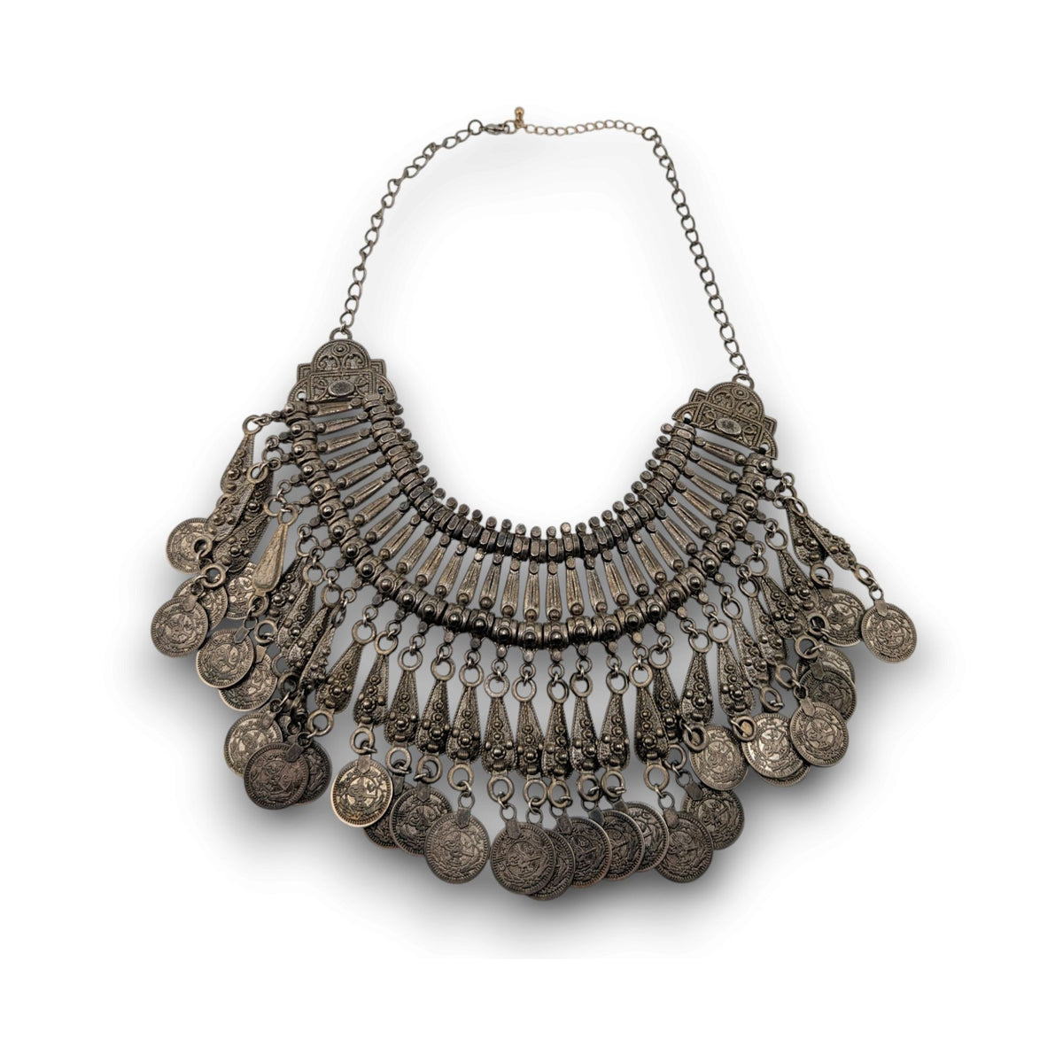 Vintage Boho Tribal Silver Tone Coin Fringe Bib Necklace 14 Inch