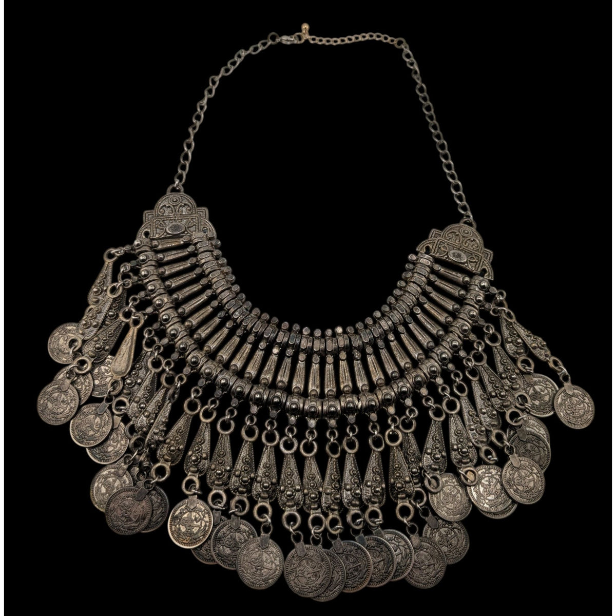 Vintage Boho Tribal Silver Tone Coin Fringe Bib Necklace 14 Inch