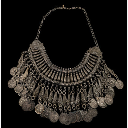 Vintage Boho Tribal Silver Tone Coin Fringe Bib Necklace 14 Inch