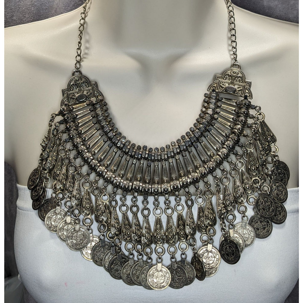 Vintage Boho Tribal Silver Tone Coin Fringe Bib Necklace 14 Inch