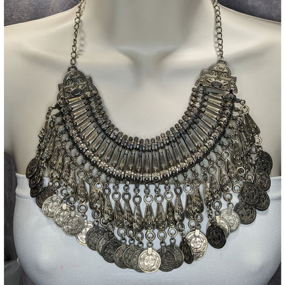 Vintage Boho Tribal Silver Tone Coin Fringe Bib Necklace 14 Inch