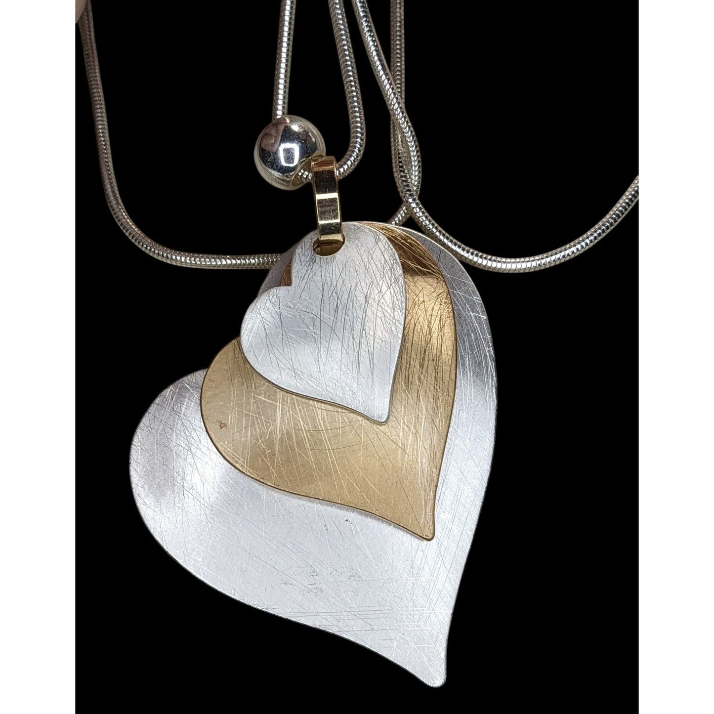 Brutalist Coquette Love Themed Silver & Gold-Tone Layered Heart Pendant Necklace With Snake Chain