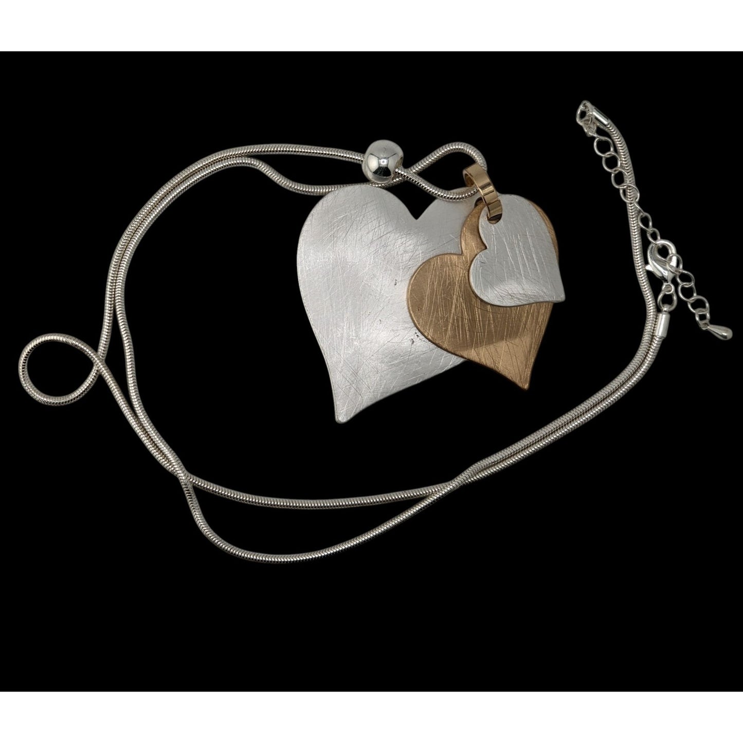 Brutalist Coquette Love Themed Silver & Gold-Tone Layered Heart Pendant Necklace With Snake Chain