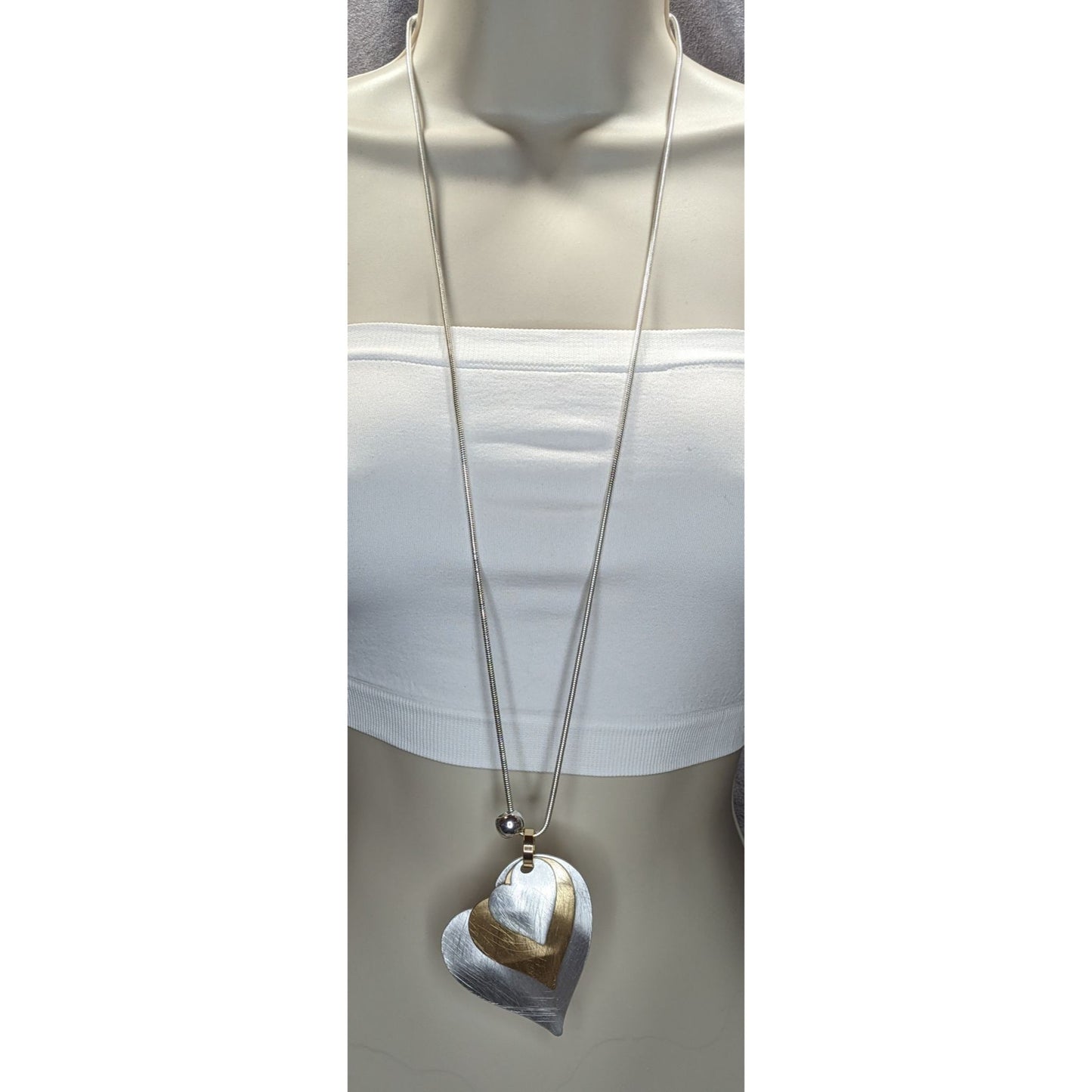 Brutalist Coquette Love Themed Silver & Gold-Tone Layered Heart Pendant Necklace With Snake Chain
