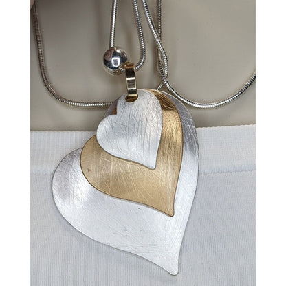 Brutalist Coquette Love Themed Silver & Gold-Tone Layered Heart Pendant Necklace With Snake Chain