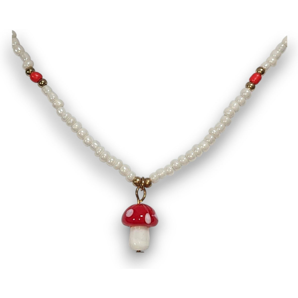 Whimsigoth Fairycore Glass Red White Mushroom Pendant Necklace 14 Inch