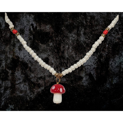 Whimsigoth Fairycore Glass Red White Mushroom Pendant Necklace 14 Inch