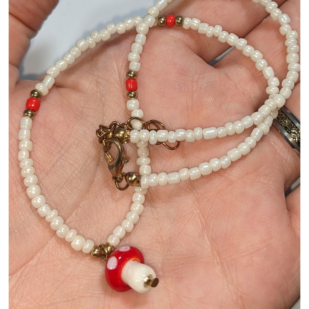 Whimsigoth Fairycore Glass Red White Mushroom Pendant Necklace 14 Inch