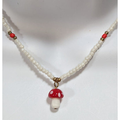 Whimsigoth Fairycore Glass Red White Mushroom Pendant Necklace 14 Inch