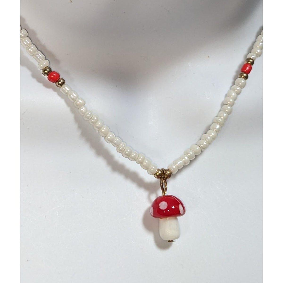 Whimsigoth Fairycore Glass Red White Mushroom Pendant Necklace 14 Inch