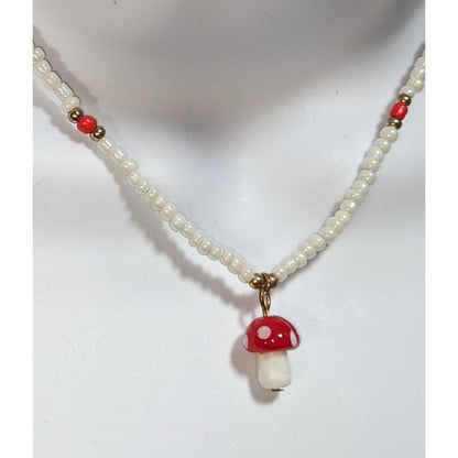 Whimsigoth Fairycore Glass Red White Mushroom Pendant Necklace 14 Inch