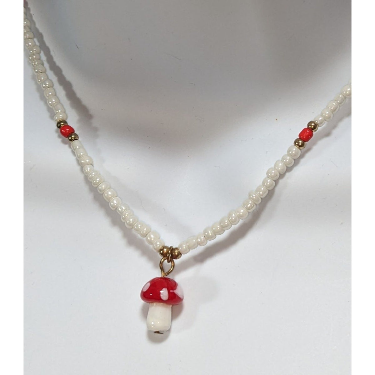 Whimsigoth Fairycore Glass Red White Mushroom Pendant Necklace 14 Inch