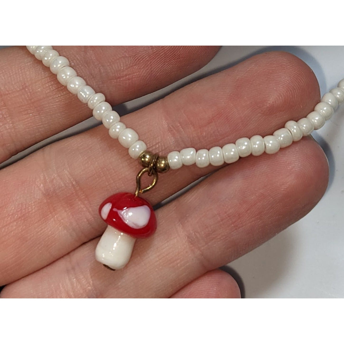 Whimsigoth Fairycore Glass Red White Mushroom Pendant Necklace 14 Inch