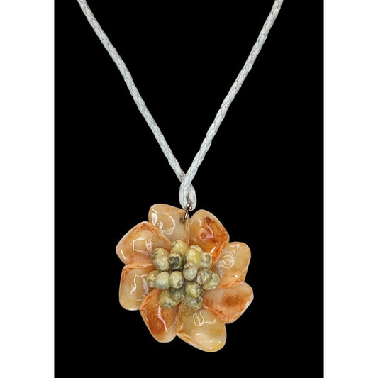 Boho Cottagecore Floral Shell Flower Pendant Necklace White Braided Cord Beachy