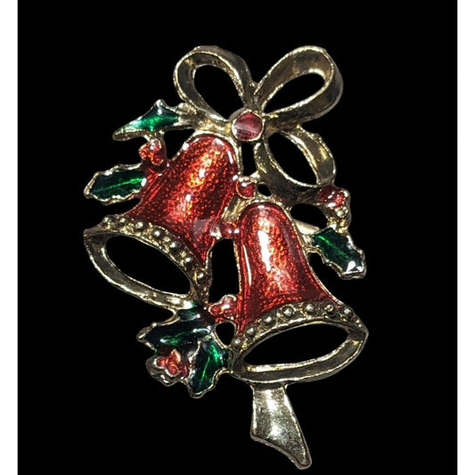 Vintage Holiday Holly Bell Enameled Brooch