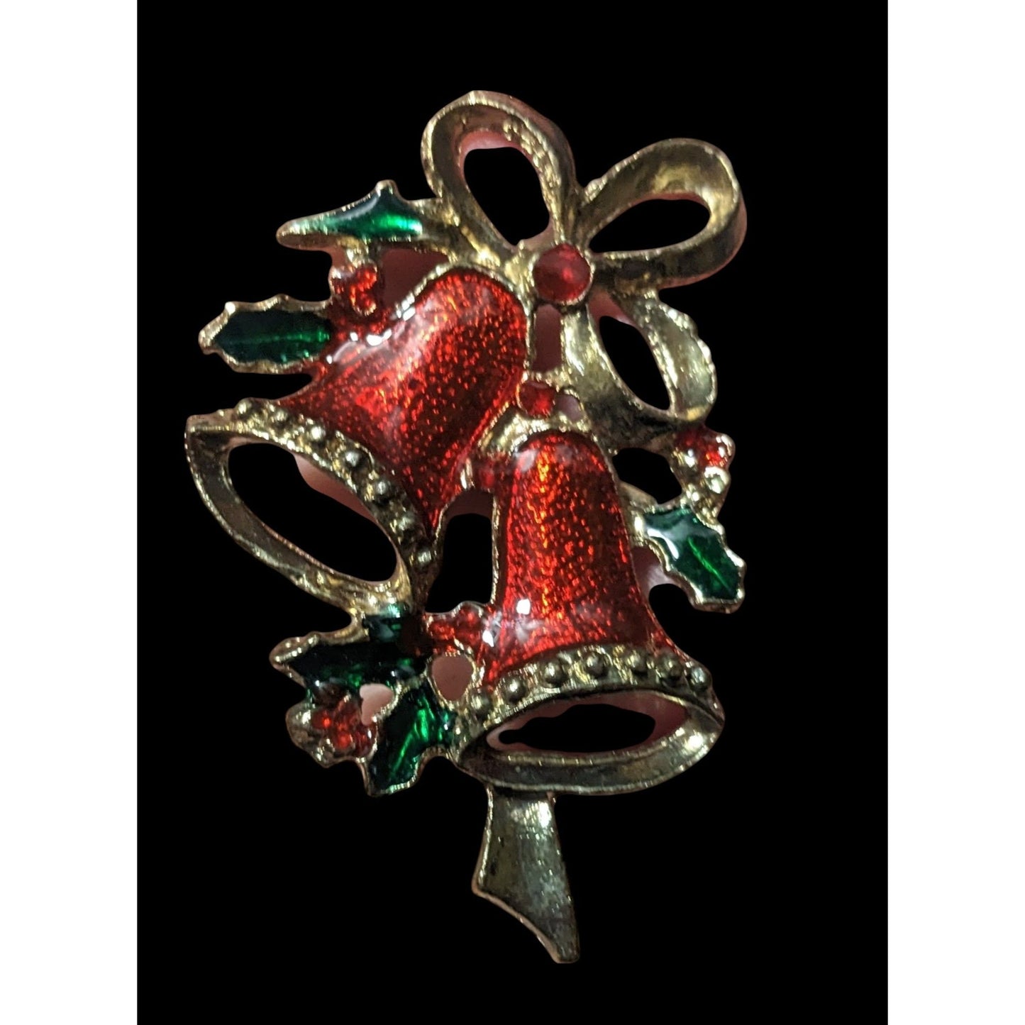 Vintage Holiday Holly Bell Enameled Brooch