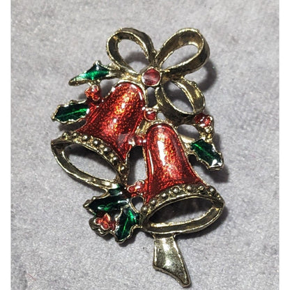 Vintage Holiday Holly Bell Enameled Brooch