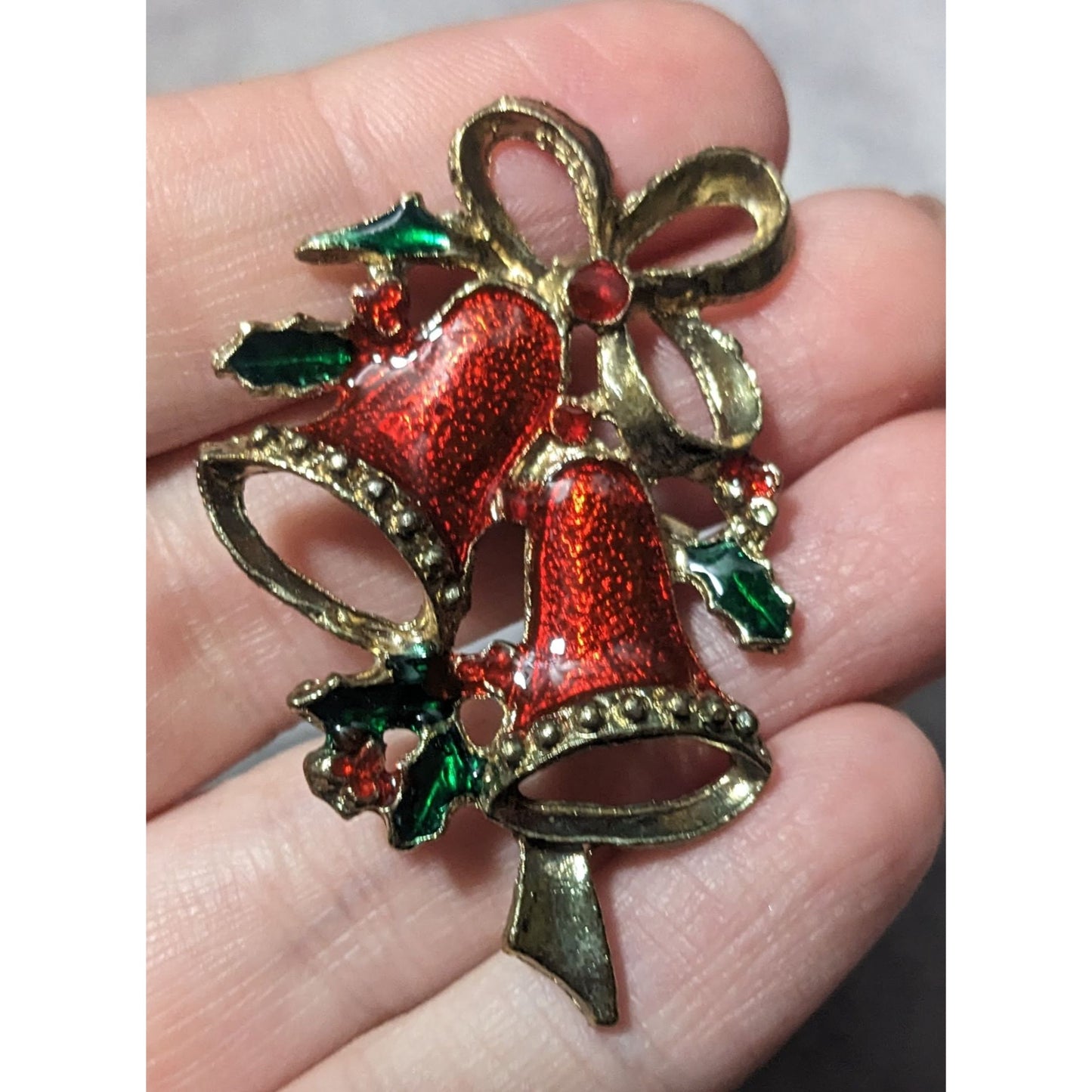 Vintage Holiday Holly Bell Enameled Brooch