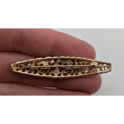 Boho Vintage Floral Filigree Bar Brooch Gold Tone Openwork Vine Pin