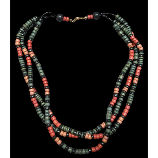 Vintage Bohemian Painted Wood Layered Beaded Necklace