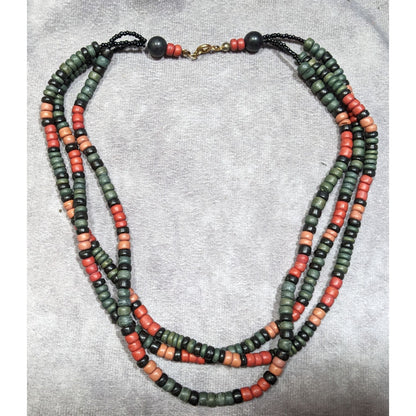 Vintage Bohemian Painted Wood Layered Beaded Necklace
