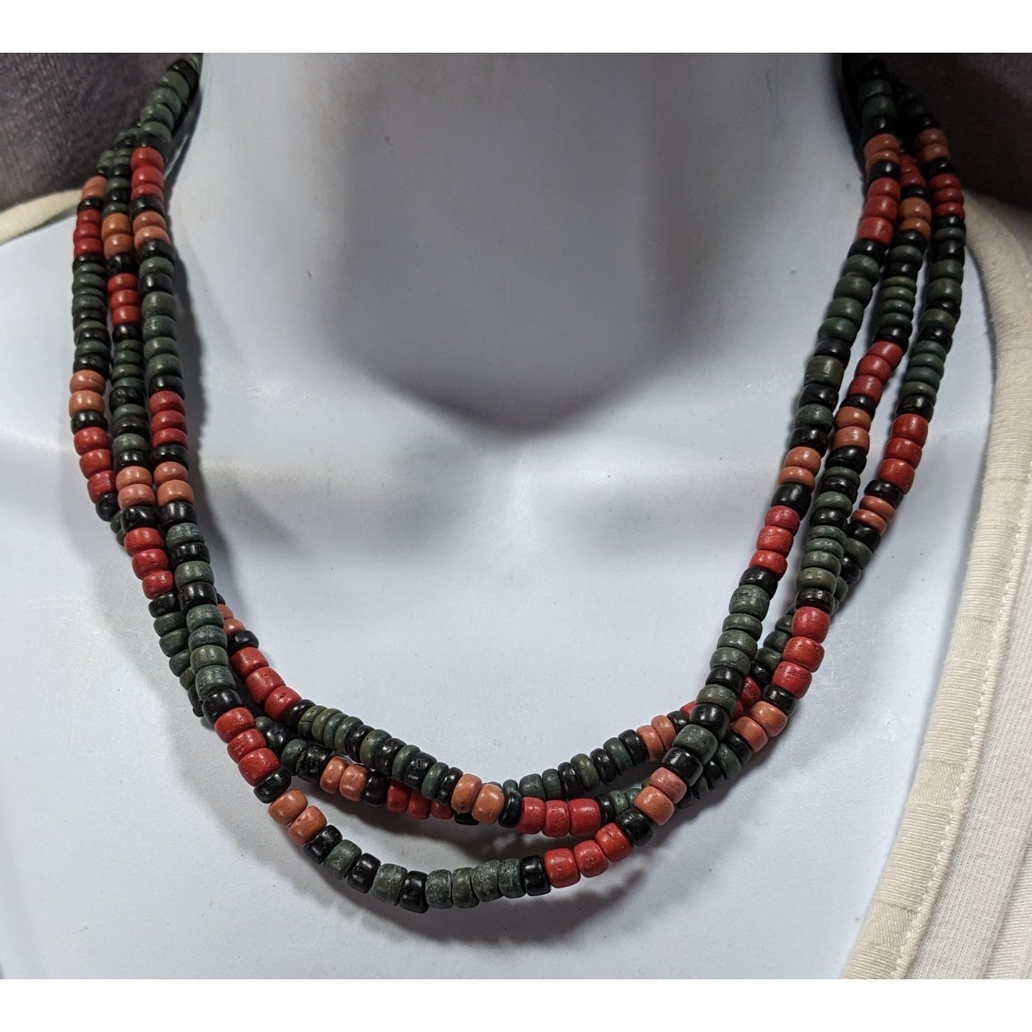 Vintage Bohemian Painted Wood Layered Beaded Necklace