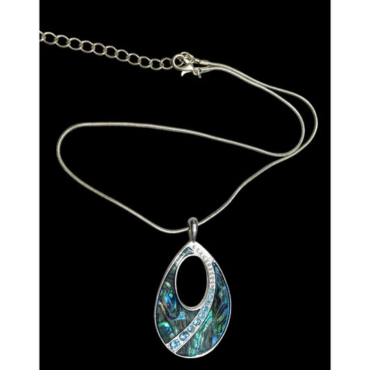 Vintage Mermaidcore Kenneth Cole Elegant Abalone Teardrop Pendant Necklace With Blue Crystal Accents