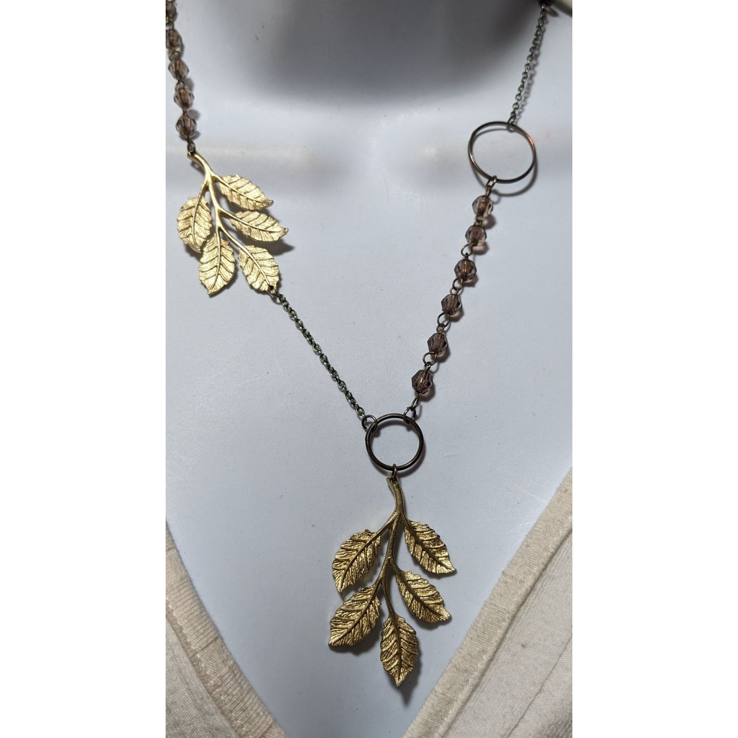 Asymmetrical Gold Beaded Leaf Necklace