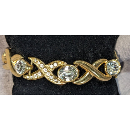 Monet Vintage Gold Tone Rhinestone Bracelet 6.5 Inch Snap Lock Closure