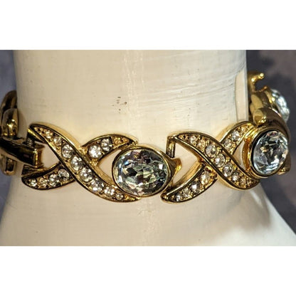 Monet Vintage Gold Tone Rhinestone Bracelet 6.5 Inch Snap Lock Closure