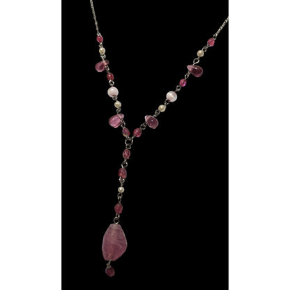 Pink Beaded Y-Necklace With Glass Pendant