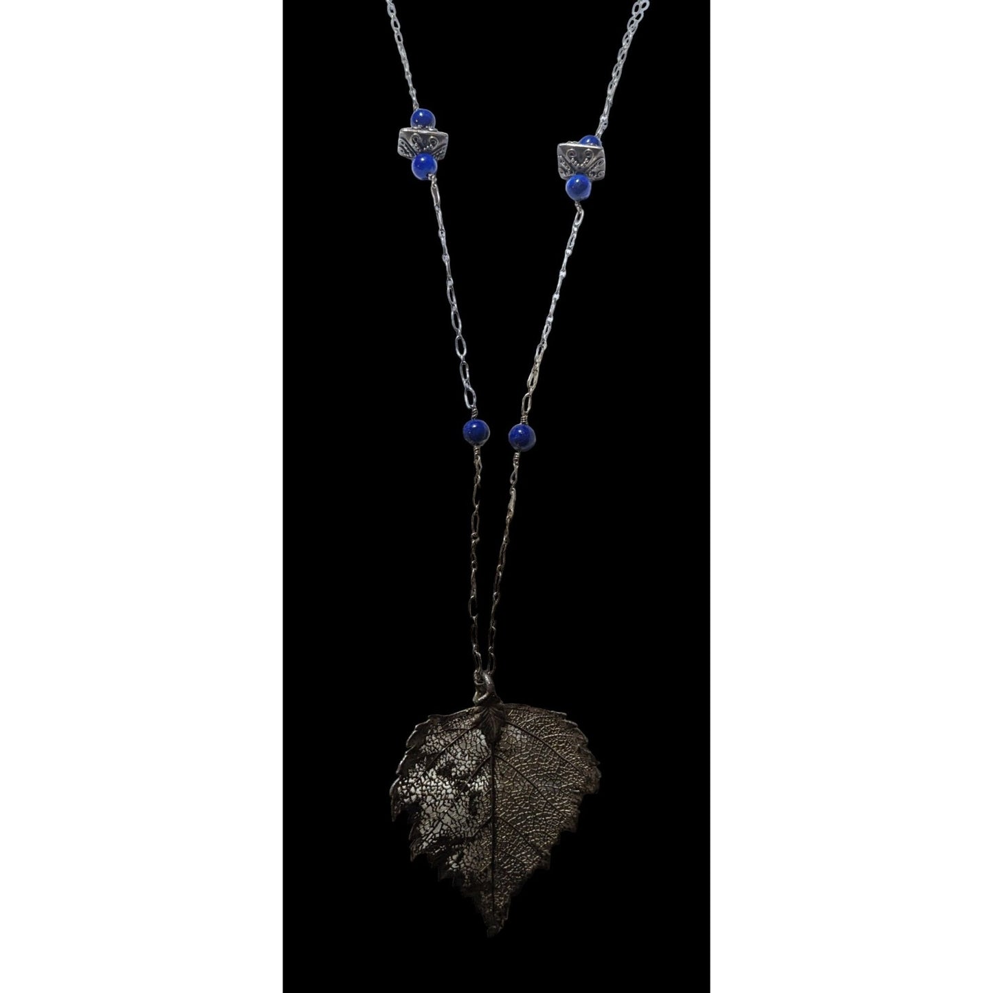 Vintage Silver And Blue Electroplated Birch Leaf Necklace