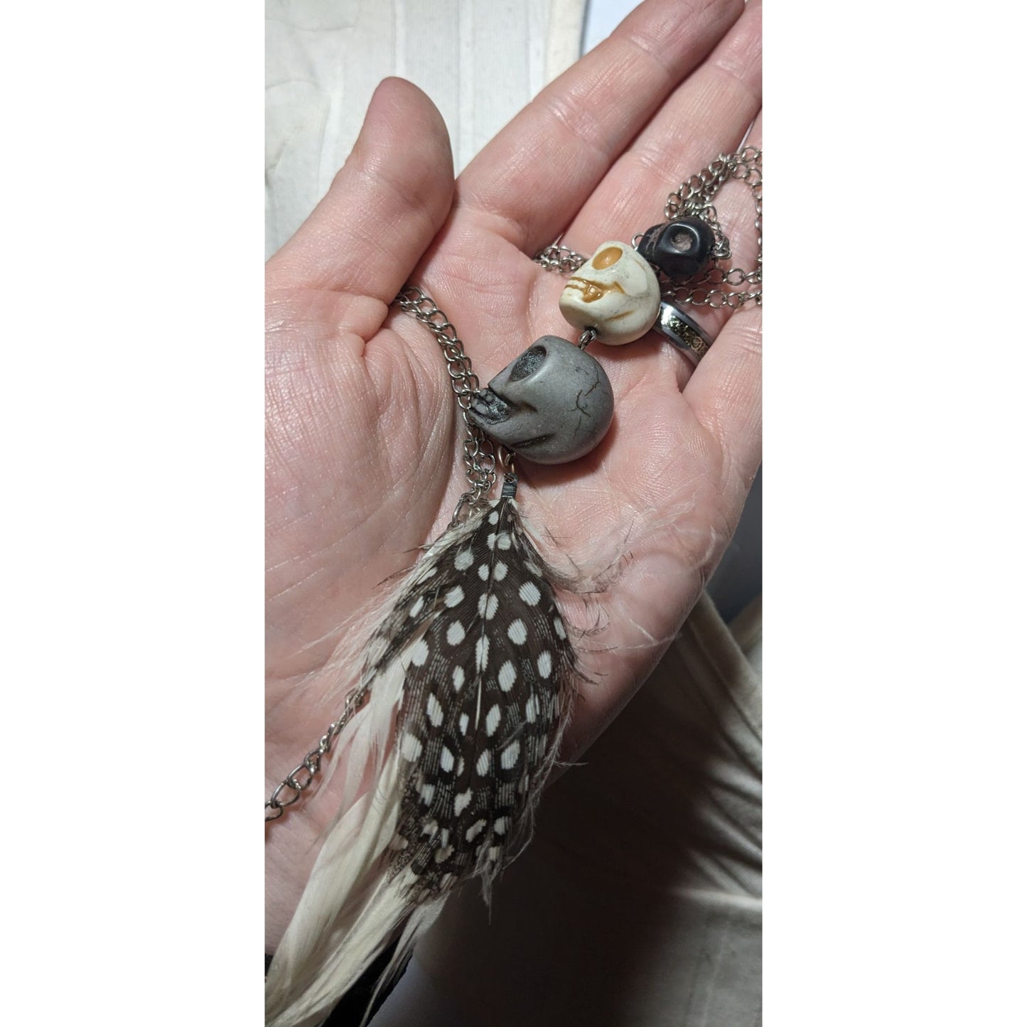 Triple Skull Beaded Feather Pendant Necklace