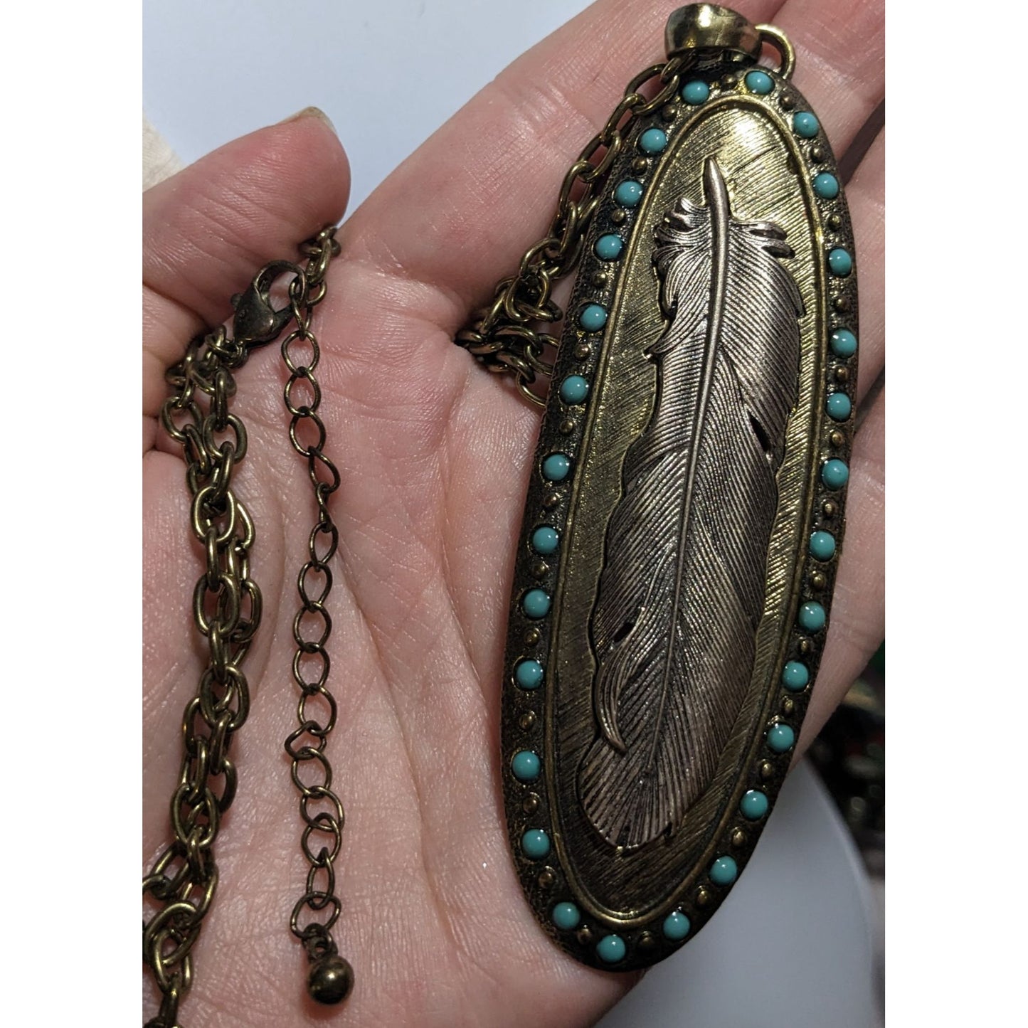 Bohemian Metal Turquoise Feather Pendant Necklace