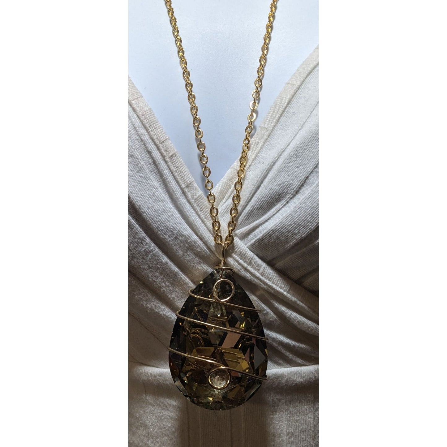 Gold Chain Necklace With Large Faceted Crystal Pendant
