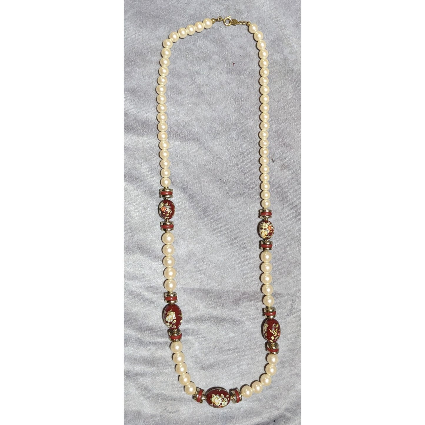 Vintage Cream And Red Pearl Floral Necklace