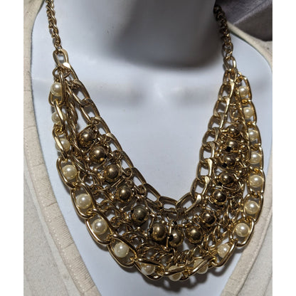 Glamorous Gold Chain Pearl Bib  Necklace