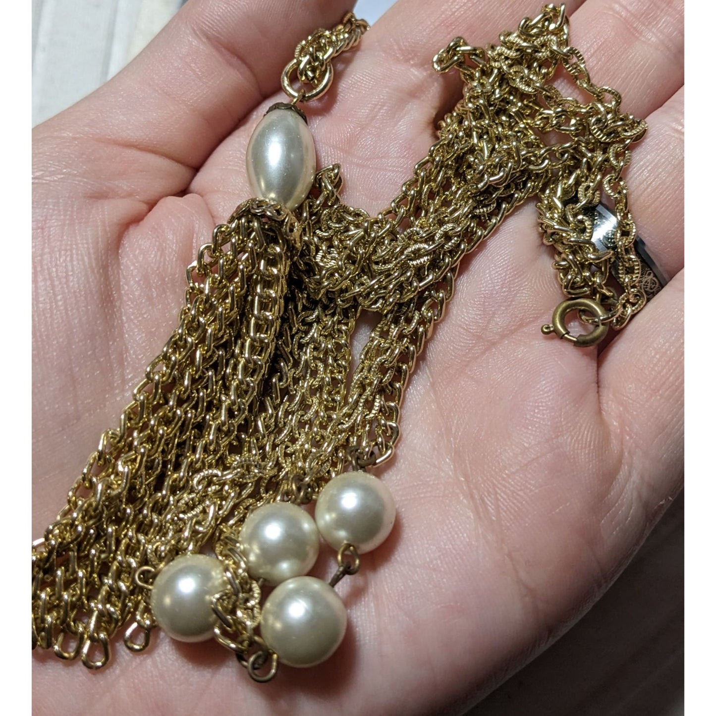 Gold Glam Pearl Beaded Chain Tassel Necklace