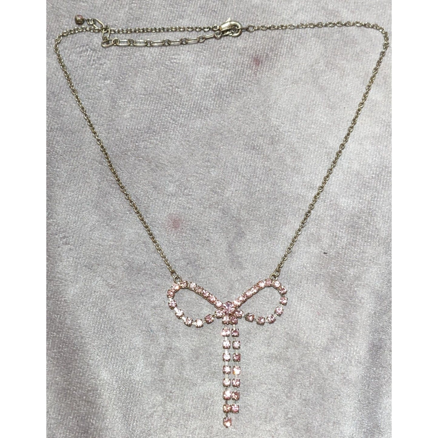 Vintage Coquette Pink Rhinestone Bow Necklace