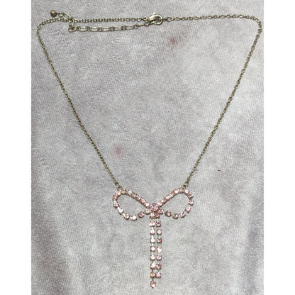 Vintage Coquette Pink Rhinestone Bow Necklace