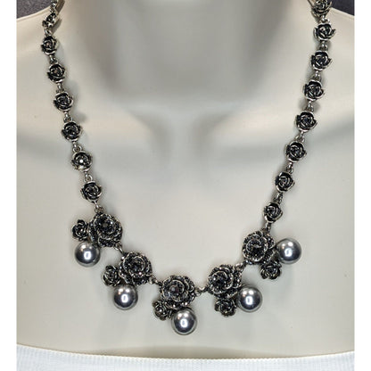 Goth Romantic Rose Necklace Black Rhinestone Faux Pearl Silver Tone Floral Statement Jewelry